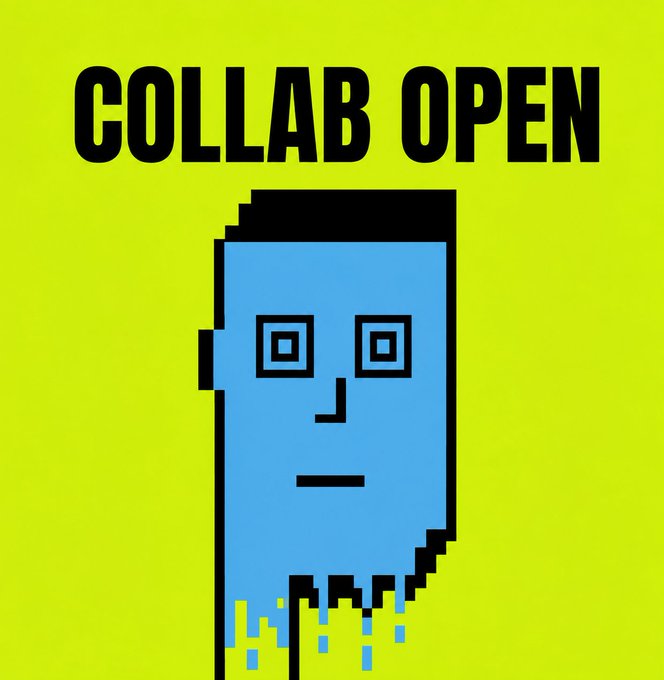 A pixel-art style graphic with bright yellow background displaying 'COLLAB OPEN' in bold black text above a blue rectangular character face that is dissolving into pixels at the bottom.
