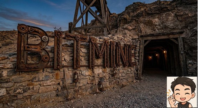 A photo of an abandoned mine entrance with a large rusted metal 'BITMINE' sign mounted on a stone wall, with a cartoon avatar in the bottom right corner.