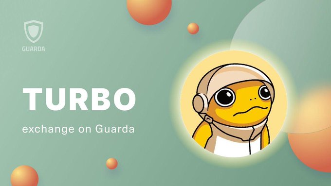 A promotional graphic for 'TURBO exchange on Guarda' featuring a yellow cartoon turtle wearing an aviator helmet against a green and orange background.