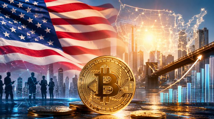 Composite image featuring a large golden Bitcoin coin, an American flag, the US map with network connections, silhouettes of business people, the Brooklyn Bridge, and an ascending bar chart with an upward arrow.