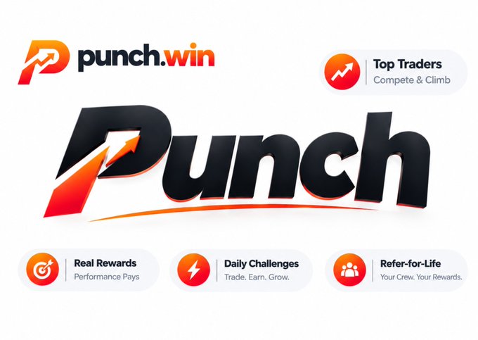 A promotional graphic displays the logo 'punch.win' and 'Punch' in large black letters with orange accents, listing features like 'Top Traders Compete & Climb', 'Real Rewards Performance Pays', 'Daily Challenges Trade. Earn. Grow.', and 'Refer-for-Life Your Crew. Your Rewards.'