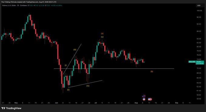 A TradingView chart displays Solana (SOL/USD) on a daily timeframe, showing price action around the $72.60 level as of August 8, 2026, with Elliott Wave-style technical annotations marking a potential (iii) wave structure near key support. The chart visually supports the poster's commentary of patiently waiting for a dip to enter a long position.