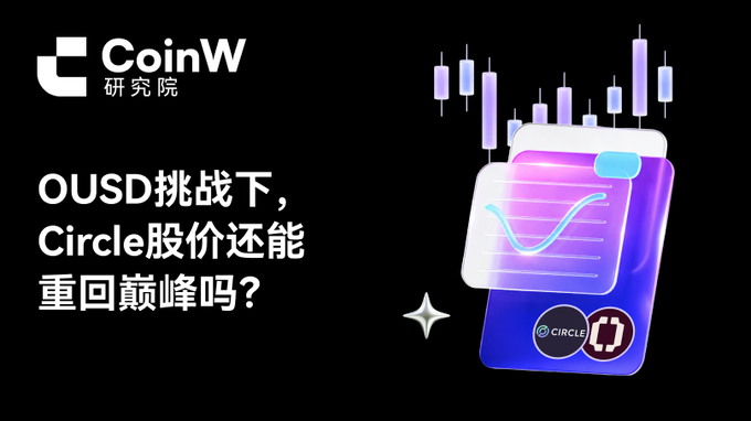 A CoinW (研究院) promotional graphic with Chinese text asking 'OUSD挑战下，Circle股价还能重回巅峰吗？' (Under the OUSD challenge, can Circle's stock price return to its peak?), featuring stylized candlestick chart graphics and the Circle cryptocurrency logo.