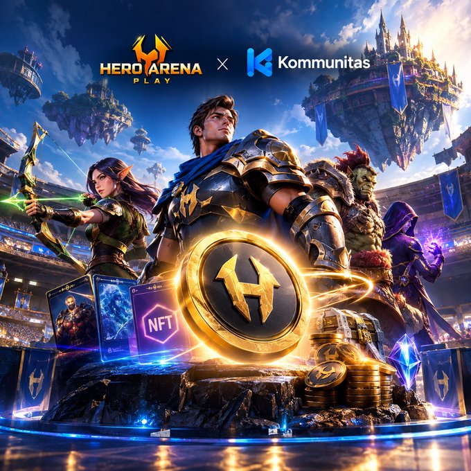 A promotional banner for "HERO ARENA PLAY x Komunitas" featuring fantasy game characters, floating islands, an NFT card, and a large gold coin with the "H" logo.