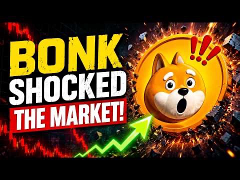 A promotional graphic reading 'BONK SHOCKED THE MARKET!' featuring a shocked Shiba Inu dog face emerging from an exploding orange Bitcoin, with a green upward price arrow and red candlestick chart background.