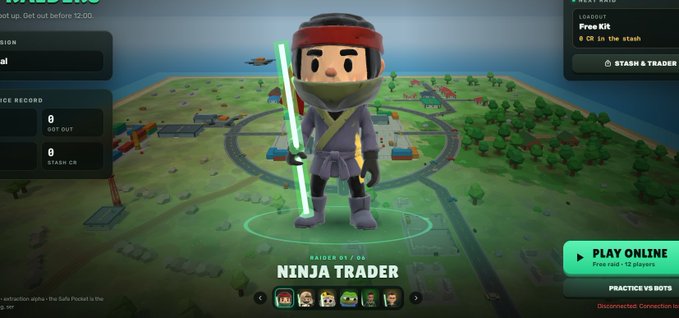A character selection screen for a browser-based FPS game displays a "Ninja Trader" avatar holding a green lightsaber, with a map of the "Safe Pocket" in the background and a "PLAY ONLINE" button for 1-12 players. The image showcases the game's character progression and online multiplayer features, aligning with the developer's progress update on building a degen-themed FPS with character building and economy elements.