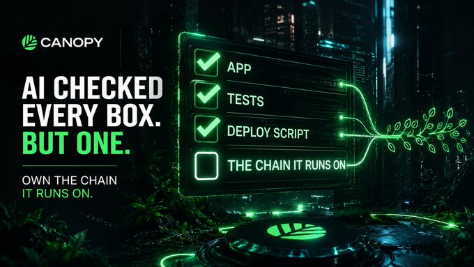 A promotional graphic for Canopy featuring the text 'AI CHECKED EVERY BOX. BUT ONE.' alongside a checklist with 'APP', 'TESTS', and 'DEPLOY SCRIPT' checked off, but 'THE CHAIN IT RUNS ON' left unchecked, with the tagline 'OWN THE CHAIN IT RUNS ON.'