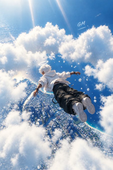 An anime-style illustration shows a white-haired character with a halo falling through a sky of clouds toward a coastal city below, signed 'GM'.