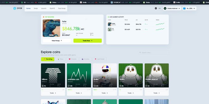 The image shows the DYOR Swap website's homepage displaying the trending Refer (or $FEFER) meme coin at $846.78K market cap with a $0.04847 price, alongside other trending tokens like Trillions ($57.39K), unfollower coin ($57.68K), Emibot ($15.09K), and Stubs/Alpaca memecoin, which relates to the post about the user highlighting a meme ticker that hit 1m market cap and their use of the DYORSwap platform for swapping on the newly arrived USDT chain.