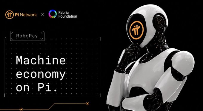 A promotional banner for Pi Network and Fabric Foundation featuring a white and black humanoid robot next to the text 'RoboPay: Machine economy on Pi.'