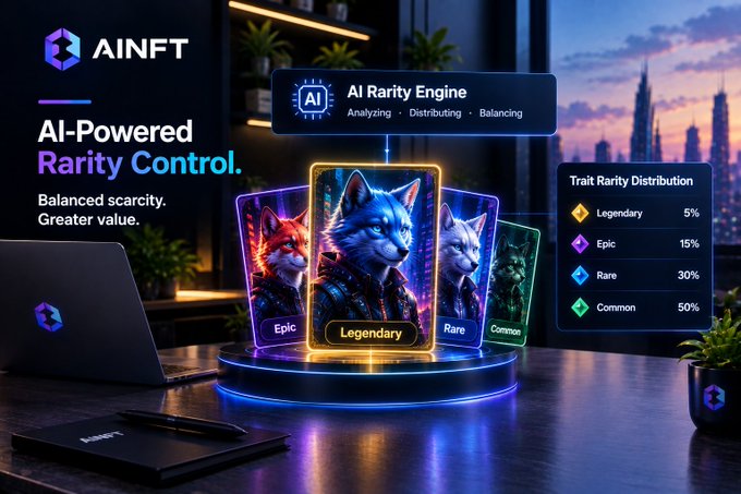 An AINFT promotional image showcasing an AI Rarity Engine with digital trading cards depicting wolf characters labeled Legendary, Epic, Rare, and Common, alongside a distribution chart (5%/15%/30%/50%) on a futuristic desk.