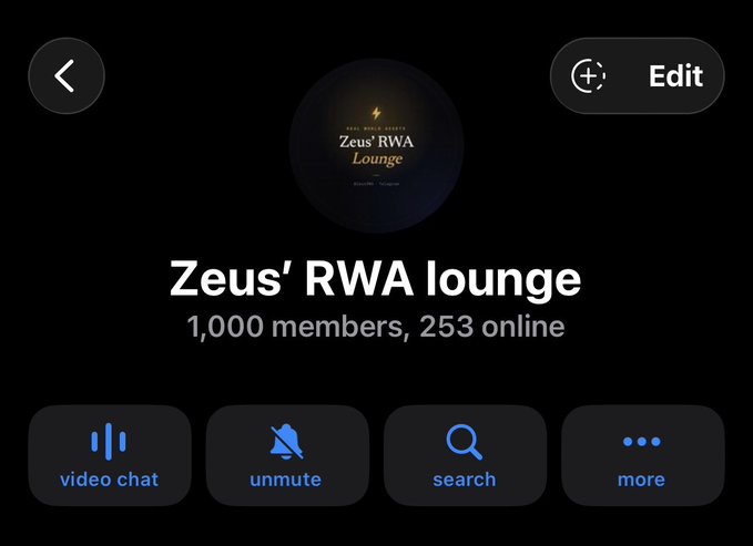 The image shows the Telegram group "Zeus' RWA lounge" with its logo, displaying 1,000 members and 253 online users, featuring quick-access buttons for video chat, unmute, search, and more. This visual confirms the milestone of reaching 1,000 members mentioned in the accompanying post, suggesting a future reward for the group's growing community focused on Real World Assets (RWA).