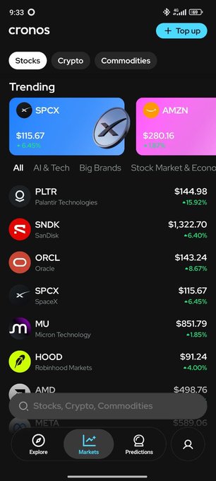A screenshot of the Cronos app showing a Trending market with stock tickers including SPCX (SpaceX, $115.67), AMZN (Amazon, $280.16), PLTR, SNDK, ORCL, MU, HOOD, and AMD.