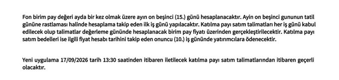 A Turkish text announcement dated 17/09/2026 at 13:30 regarding a fund's decision to calculate values on the 15th of each month, pay redemption requests on the 10th of the following month, and set a participation share certificate maturity date as Saturday of each month.