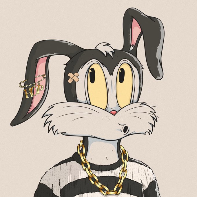 An illustrated black and white rabbit-like cartoon character with large yellow eyes wears a striped shirt, gold chain, and a safety pin earring labeled 'HOP'.
