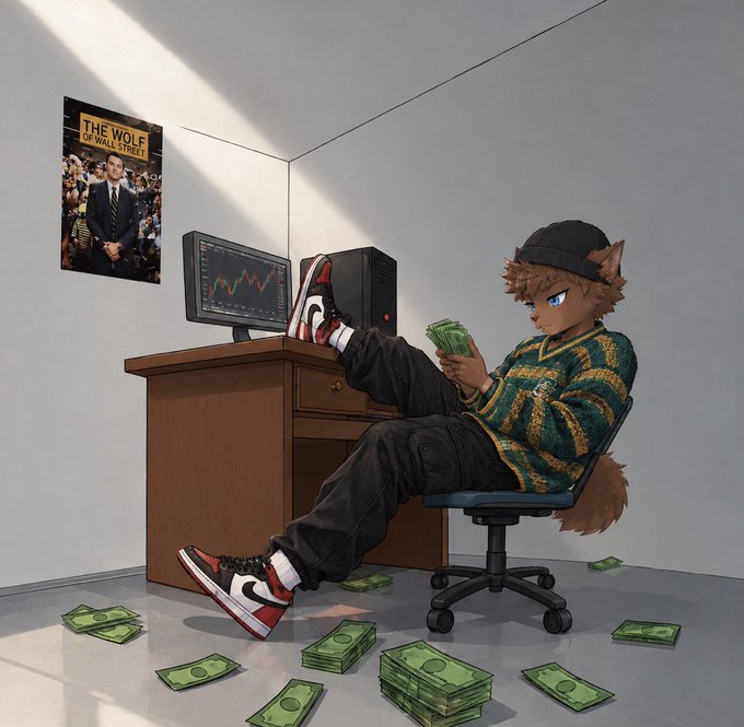 An illustration of an anthropomorphic cat character in streetwear sitting in a chair counting cash, with a 'The Wolf of Wall Street' poster and a chart on a monitor in the background.