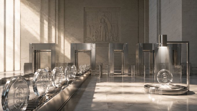 A futuristic, metallic financial or regulatory chamber is lined with transparent coin-like devices and illuminated panels, evoking a formal system of digital money controls. It visually reinforces the post’s message that the U.S. Treasury’s proposed stablecoin rules will define how payment stablecoins are issued, sold, and accessed from abroad.