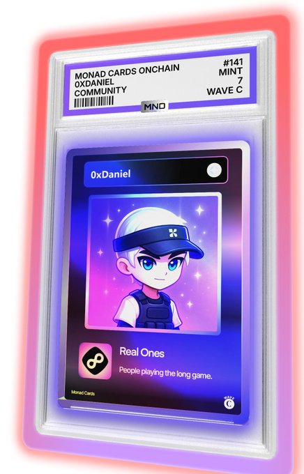 A 'Monad Cards Onchain' trading card #141 in MINT 7 Wave C, labeled '0xDaniel' under the 0xDaniel Community, featuring a cartoon character in a blue cap with the tagline 'Real Ones - People playing the long game.'