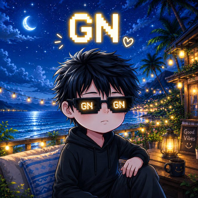 An anime-style illustration of a young boy with messy black hair wearing pixelated sunglasses displaying 'GN', set against a starry night beach scene with string lights and a 'Good Vibes' sign.
