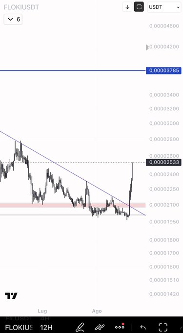 A TradingView 12-hour chart shows FLOKI/USDT breaking upward through a descending trendline resistance at approximately $0.00002533, with price surging toward the highlighted $0.00003785 level, suggesting a potential bullish breakout aligned with the post's optimistic timing commentary on FLOKI.