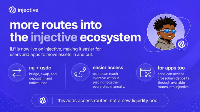 A purple promotional graphic for Injective announcing that 'li.fi is now live on injective' with the headline 'more routes into the injective ecosystem' and an illustration of a person with an afro and sunglasses.