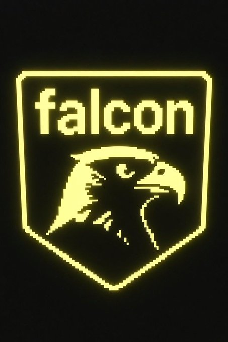 A yellow pixel-art style logo of a falcon's head inside a shield, with the word 'falcon' written above it on a black background.