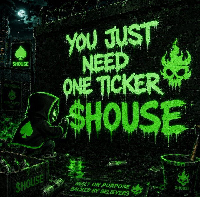 The image features a person sitting next to a graffiti-covered wall, with the phrase "You just need one ticker. Believe in something! The House Protocol. Grinding everyday! #solana $SOL #rewards #pumpfun #games". This message is related to the post because it encourages people to believe in themselves and their goals, which can be applied to various aspects of life, including gaming or other hobbies like grinding for points in a game. The graffiti on the wall adds an artistic touch to the image, emphasizing the idea that one should embrace creativity and self-expression as part of personal growth and development.