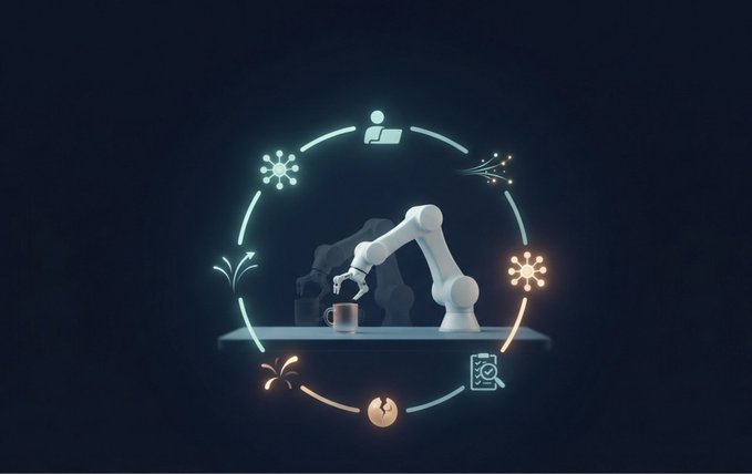 A robotic arm on a platform grasps a coffee cup, surrounded by a circular array of glowing icons depicting skills like manipulation, perception, and environmental interaction—visually representing the "experience" gap that Axis Robotics aims to bridge through practice-based physical AI.