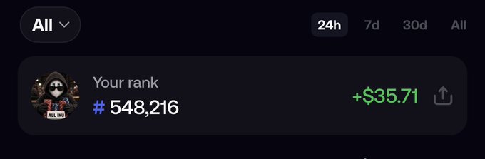 A leaderboard screenshot showing a rank of #548,216 with a +$35.71 gain over 24 hours.