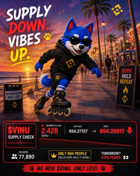 A promotional graphic for $VINU cryptocurrency featuring a blue husky/dog character wearing sunglasses and a Binance hoodie rollerblading on a beach boardwalk at sunset, with text "SUPPLY DOWN. VIBES UP." and showing supply decreased from 894.2715T to 894.2691T with 77,890 holders.