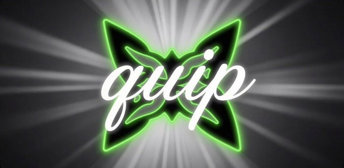 The image displays the "quip" logo in white cursive script over a glowing green butterfly emblem with radiating light beams in the background, visually reinforcing the post's branding of @quipnetwork as it promotes its post-quantum security solution for existing crypto wallets and contracts.