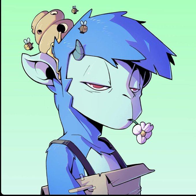 Anime-style illustration of a blue-skinned character with horns and pointed ears, wearing overalls, with bees on their head and a flower in their mouth against a green background.