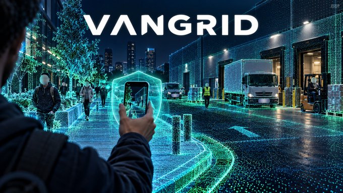 A promotional banner for 'VANGRID' shows a person holding a phone projecting a holographic shield over an industrial yard with trucks and forklifts, overlaid with digital point-cloud visualization.