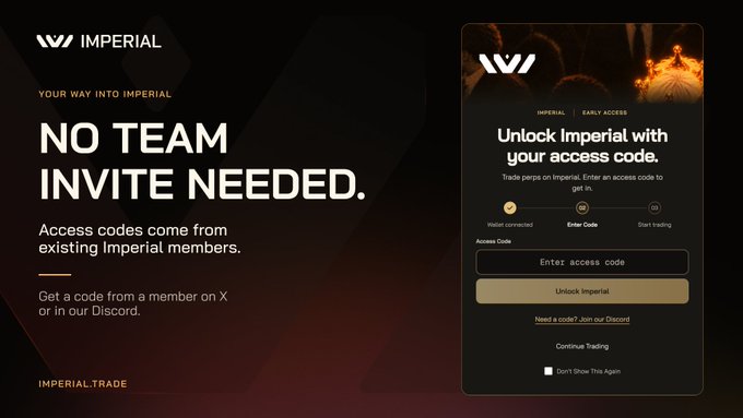 An Imperial.trade landing page reads “NO TEAM INVITE NEEDED.” and explains that access codes come from existing members, alongside a panel saying “Unlock Imperial with your access code.”