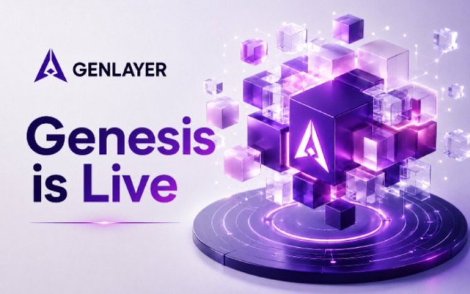 A promotional graphic featuring the text 'GENLAYER Genesis is Live' and a 3D purple cube logo surrounded by glowing particles.
