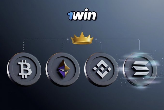 A 1win promotional image showing a golden crown above flowchart lines connecting to cryptocurrency logos for Bitcoin, Ethereum, Binance Coin, and Solana.