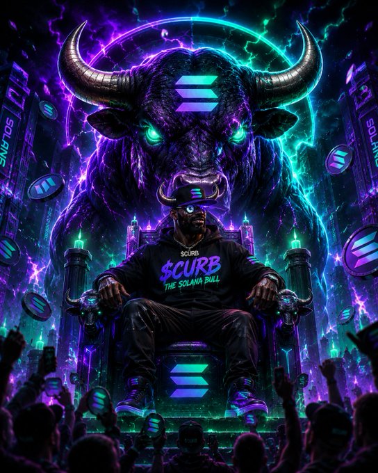 AI-generated digital artwork showing a figure wearing a hoodie labeled '$CURB THE SOLANA BULL' and a cowboy hat, sitting on a throne in front of a massive neon bull with Solana (SOL) logos, with crowds below holding Solana coins.