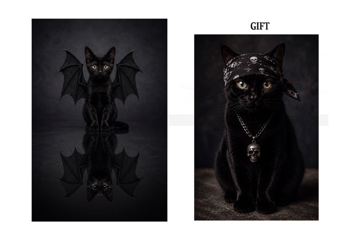 Two gothic-themed cat images: on the left, a black kitten styled with bat wings and its reflection; on the right, a 'GIFT' image of a black cat wearing a skull-patterned bandana and a skull pendant necklace.