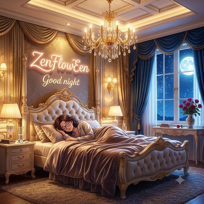 An illustrated scene of a girl sleeping peacefully in an ornate bedroom with a chandelier, blue curtains, and a moonlit window, featuring neon text reading 'ZenFlowEen Good night'.