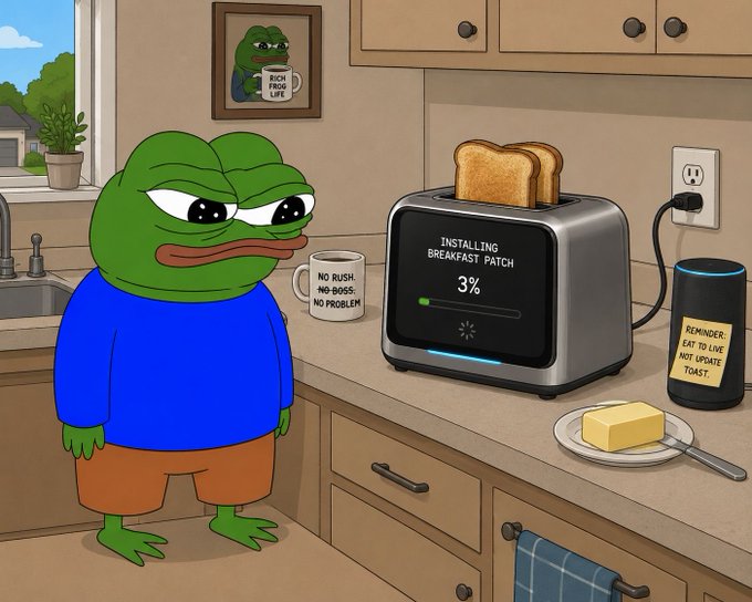 A cartoon frog wearing a blue shirt holds a mug reading 'NO RUSH, NO BOSS, NO PROBLEM' while a toaster displays 'INSTALLING BREAKFAST PATCH 3%' next to a sticky note reminding not to eat live, not yet toasted bread.