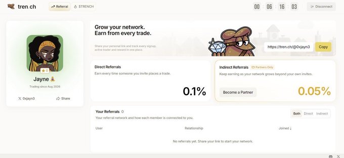 A referral dashboard for "tren.ch" user "Jayne" shows a 0.1% commission on direct referrals and 0.05% on indirect referrals (Partners Only), with a referral link and zero referrals yet. The urgency note "2hrs left do asap" suggests a time-sensitive referral or partnership promotion tied to this earnings page.