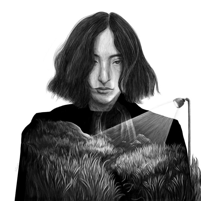 A monochromatic digital portrait of a person with shoulder-length dark hair, depicted with a surreal element where their lower body transitions into a grassy landscape illuminated by a streetlamp.