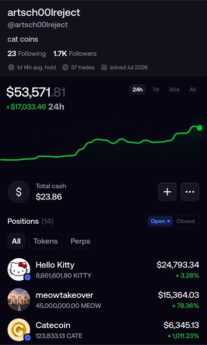 A screenshot of a crypto portfolio dashboard for "artsch00lreject" showing a total value of $53,571.81 (up $17,033.46 in 24h), with top holdings in cat-themed meme coins including Hello Kitty ($KITTY) at $24,793.34, meowtakeover ($MEOW) at $15,364.03, and Catecoin ($CATE) at $6,345.13, visually supporting the "GM (GET MONEYYY) CAT COINERS" post celebrating gains across cat-themed tokens.