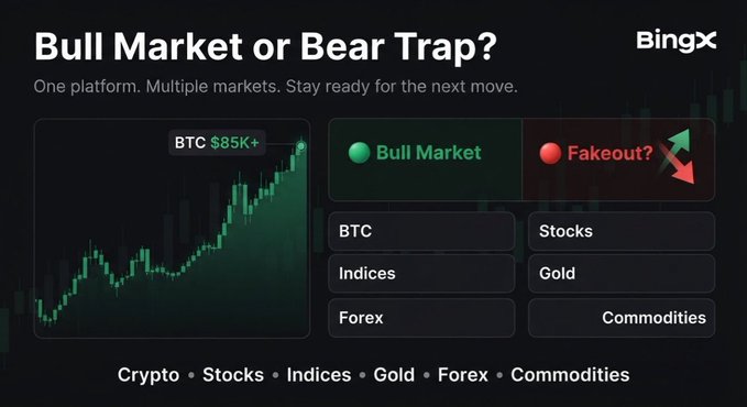 A BingX advertisement asking 'Bull Market or Bear Trap?' with BTC shown at $85K+, listing trading categories including BTC, Stocks, Indices, Gold, Forex, and Commodities.