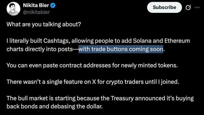 A tweet from Nikita Bier (@nikitabier) discussing his work building Cashtags for Solana and Ethereum charts, with the phrase 'with trade buttons coming soon' highlighted in blue.