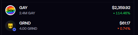 A cryptocurrency price display showing a token called 'GAY' priced at $2,359.92 with a 114.46% increase and a market cap of 2.4M GAY, along with token 'GRND' at $61.17 with a 0.74% decrease.