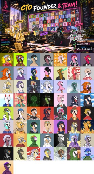 A vibrant digital illustration with the text 'CTO FOUNDER & TEAM!' at the top, depicting cartoon characters in a studio below a large grid of colorful NFT-style character portraits, with labels like 'BOT FREEZER', 'KING', and 'DOGES'.