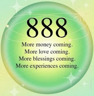 A glowing green orb features the number "888" with the text "More money coming. More love coming. More blessings coming. More experiences coming." The image relates to the "Happy 8/8/8" post by celebrating the date's triple-eight numerology, traditionally associated with abundance, prosperity, and good fortune.