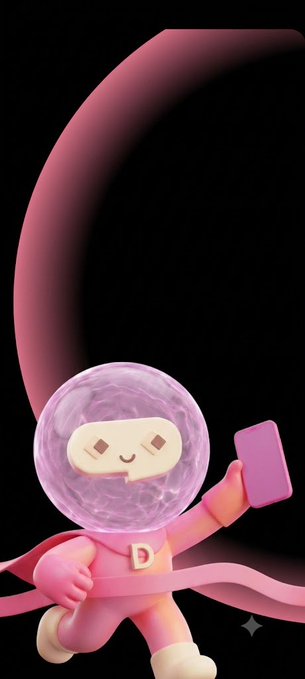A 3D-rendered character wearing a pink spacesuit with a transparent bubble helmet, holding a phone and posing with a flowing pink ribbon in the background.