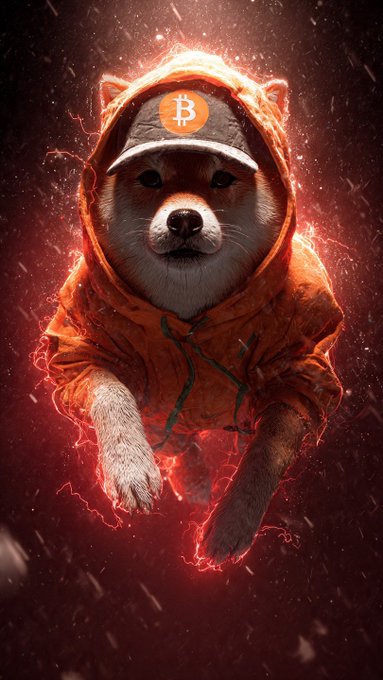 The image features a dog wearing an orange hoodie, hat, and gloves while standing on its hind legs against a black background with red lights. The caption of the image reads "$DOG will rise ..." and "They'll never see it coming". This suggests that the dog is ready to face any challenge or obstacle head-on, just like Bitcoin's supporters who believe in the decentralized nature of digital currency.

The image also includes a reference to Bitcoin, which adds an interesting layer of meaning to the scene. The combination of the dog and the Bitcoin references creates a unique and thought-provoking visual experience for viewers.